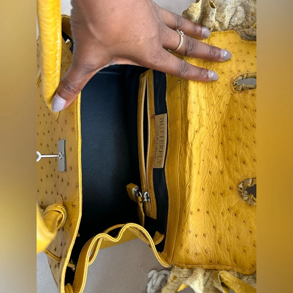 Butterfly Beverly Hills Elegant Mustard Yellow Ostrich Handbag - Picture 5 of 8